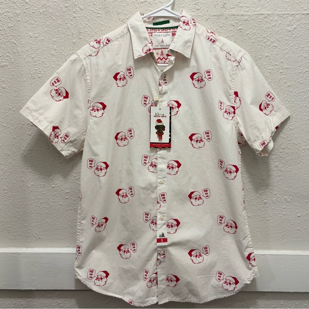 Denim & Flower White and Red Santa "Ho, Ho, Ho" Short Sleeve Button Down NWT S